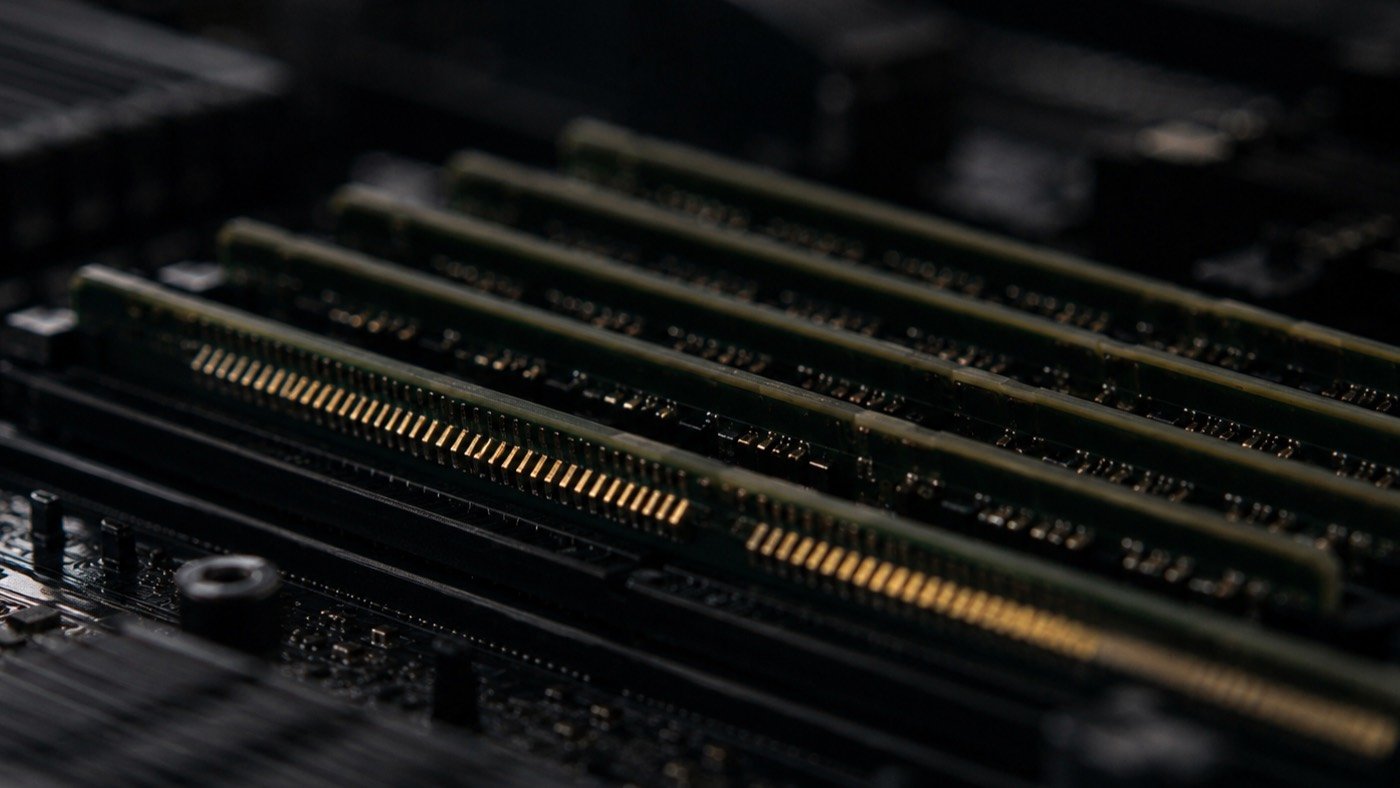 Close-up of memory modules seated on a dark server board, gold contact fingers catching the light