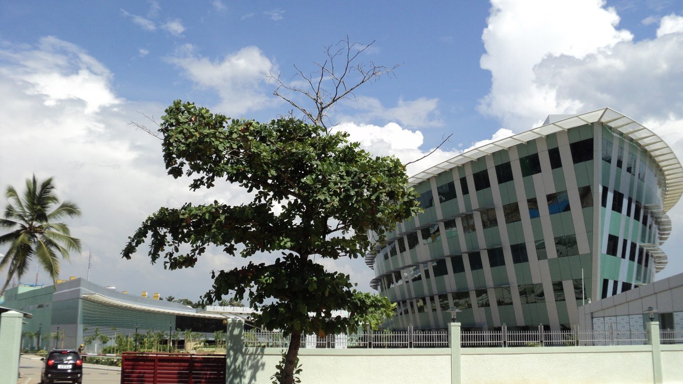 A curved glass office building on the Infosys campus at Technopark, Thiruvananthapuram